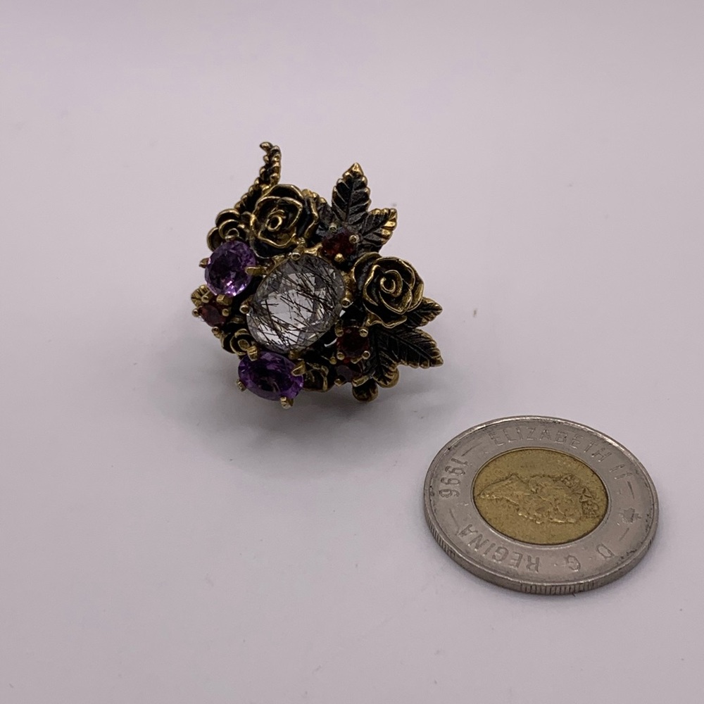 Handmade Sterling Silver Gold-Plated Rutilated Amethyst Garnet Ring" - Picture 3 of 8